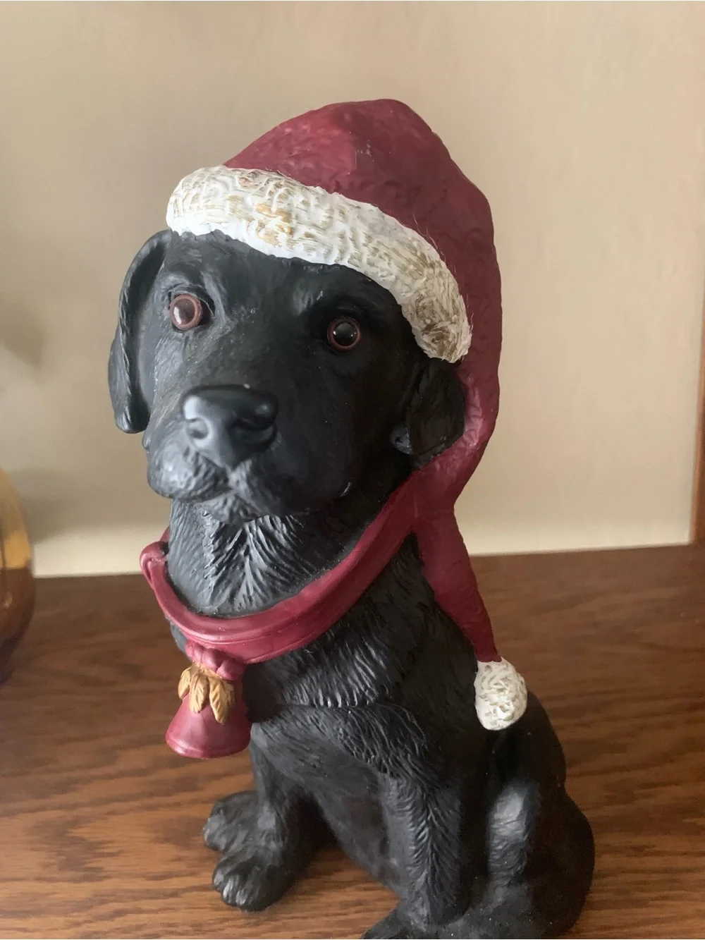 Black Labrador Figurine with Red Holiday Hat - Decorative Pet Decor